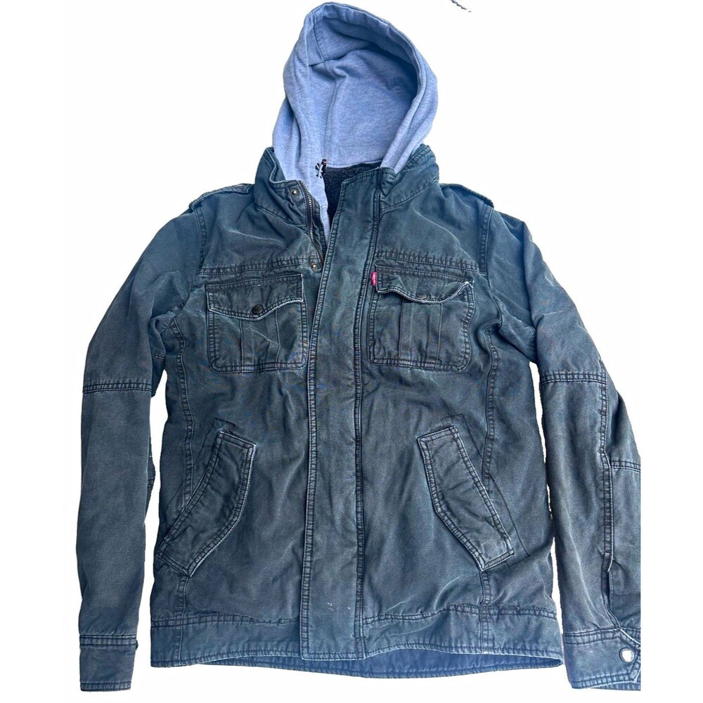 Levi Strauss & Co Mens Hooded Lined Military Jacket Full Zip Snap XS olive Green